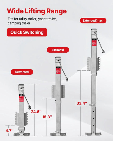 Three heavy-duty 8000 lb trailer jacks in steel, shown extended and retracted; max lift 33.4 inches for RV, boat and yacht trailers.