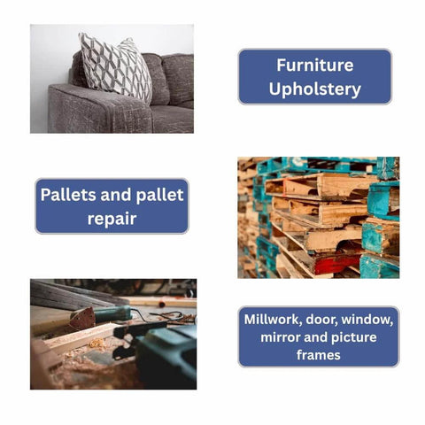 Collage showing furniture upholstery, pallets for repair, and tools for millwork, door, window, mirror, and picture frames.