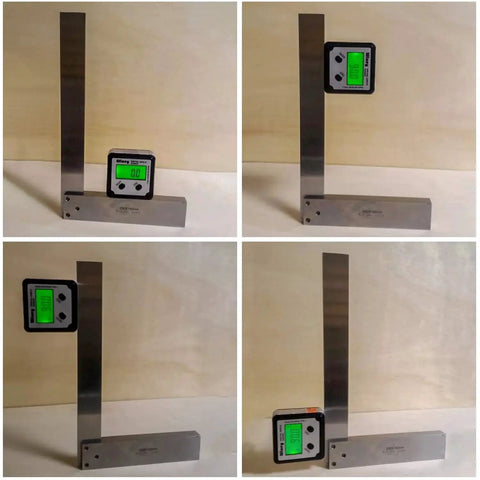 Pro Grade Machinist Square For Engineers And Workshop Pros With Precision 90 Degree Right Angle Hardened Ground Steel Wide Seat For Accurate Layout And Machining Setup Four By Two And One Half Inches with digital angle gauge in various views.