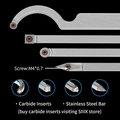 Carbide Tip Wood Lathe Tool Set With Bowl Sander Roughing Finishing And Hollowing Tools Interchangeable Aluminum Handle And 8 Carbide Inserts For Woodturning shown in parts with carbide inserts and stainless steel bars.