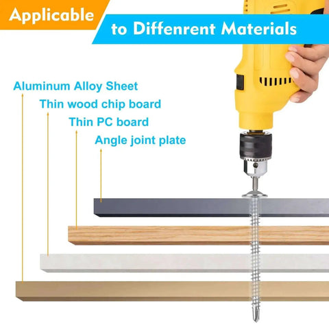 Drilling through different materials with 145 Pieces Self Tapping Screws For Metal Kit In 410 Stainless Steel Rust Resistant Six Sizes.