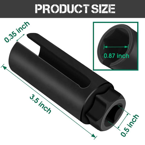 Oxygen Sensor Socket 22mm Seven Eighths Inch Hex With One Half Inch Drive, Heavy Duty O2 Sensor Removal Tool With Side Wire Cutout, dimensions shown