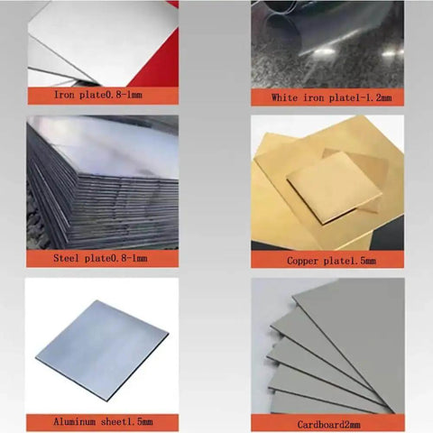 Image of various metal sheets including iron, steel, copper, aluminum, and white iron, demonstrating materials for Electric Drill Plate Cutter Nibbler Attachment.