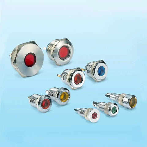 Assorted LED indicator lights in red, green, and yellow with stainless steel casing, ideal for control panels, various mounting sizes.