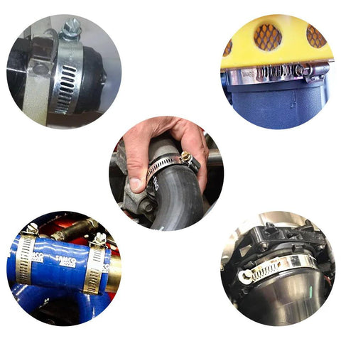 Five stainless steel adjustable hose clamps (6-12mm) with worm-gear design for plumbing and automotive use