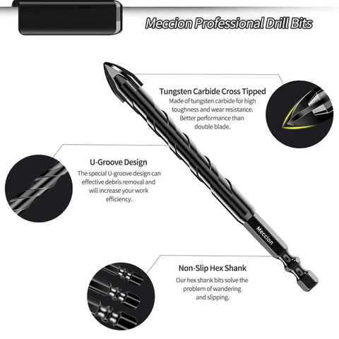 Pro Grade Workhorse Multi Material Drill Bit Set Meccion One Eighth Inch By Three Point Six Inch Cross Tip Tungsten Carbide For Tile.