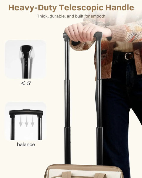 Heavy-duty telescopic handle of black rolling puffer backpack with wheels for women, shown extended for easy carrying.
