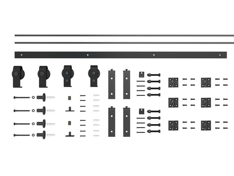 Heavy Duty Bi-Fold Barn Door Hardware Kit For Four Doors With Side Mounted Rollers, 51 Inch Beefy Steel Track, Parts Layout