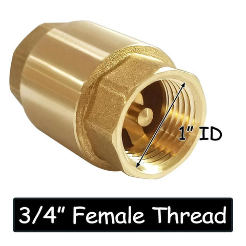 Brass 3/4 in NPT inline spring check valve, female thread, 2-pack for water backflow prevention.