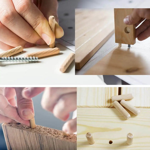 Wooden Dowel Pins Set, 200 Pcs, Nine Sizes With Tapered Beveled Ends and Fluted Grooves, used in various woodworking projects.