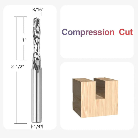 Solid Carbide Pro Grade Up Down Spiral Compression Router Bit For CNC Wood Carving Three Sixteenth Inch Cutting Diameter With One Quarter Inch Shank One Inch Cutting Length And Two And A Half Inch Total Length Built For Clean Plunge Routing And Fine with diagram and wood cutout