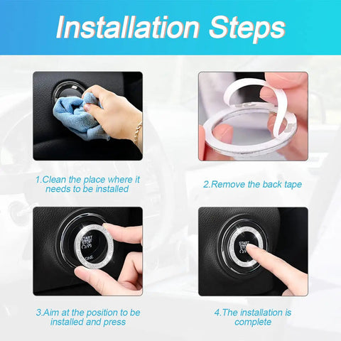 Installation steps for Pink Car Start Button Bling Ring Set 2 Pack Crystal Rhinestone Decals showing cleaning and pressing on stickers.