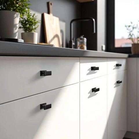 Kitchen with cabinets featuring Six Pack Matte Black Solid Cabinet Knobs For Kitchen Cabinets Cupboards Drawers And Dressers Built To Last Zinc Alloy Hardware With One Hole And One And A Half Inch Overall Length.