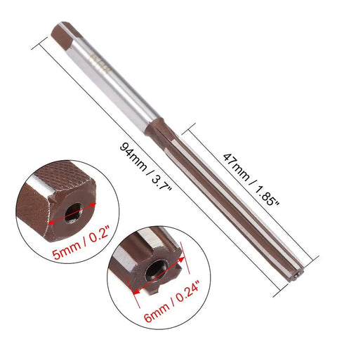 Image of a 6mm Hand Reamer For Metalworking With H8 Tolerance, 9SiCr Alloy Tool Steel, featuring 6 straight flutes, 5mm square shank, 94mm length.