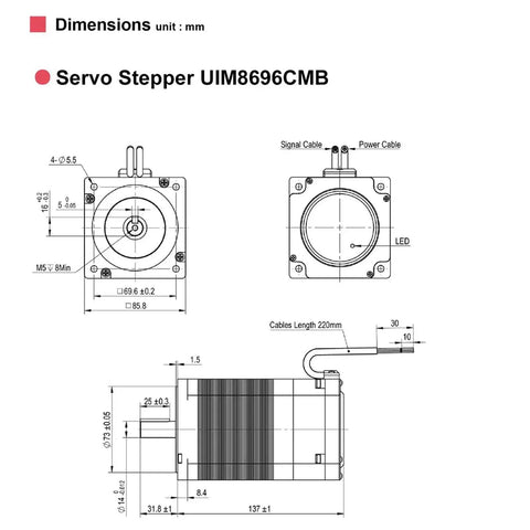 Servo motor UIM8696CMB diagram showing front and side views with mm dimensions, shaft and mounting holes