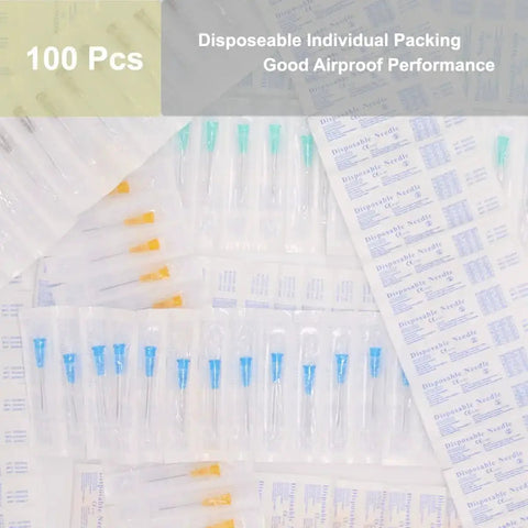 18 Gauge 1 Inch Luer Lock Needles 100 Pack Industrial Pro Grade Stainless Steel Individually Wrapped For Precise Fluid Transfer And Injection Tasks For Medical Use shown in individual packaging.