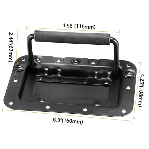 Six Pack 6 By 4 Inch Spring Loaded Recessed Handles for cabinets boxes and chests in matte black iron with padded grip shown