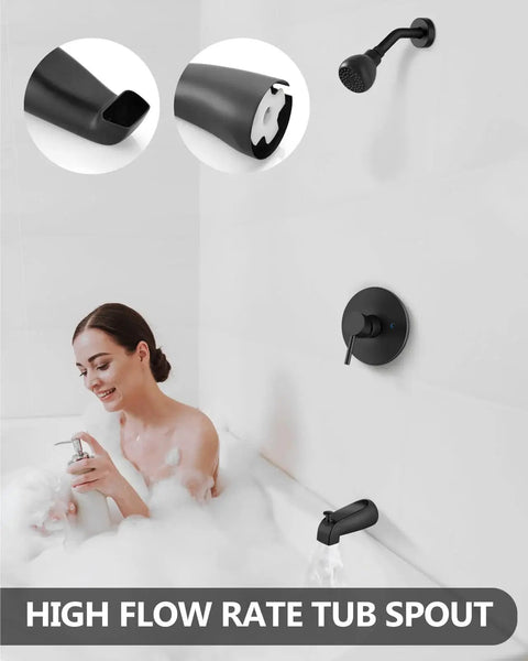 Matte Black Tub Shower Faucet Set With Valve And Shower Head By GBBNE, single handle, 304 stainless, brass valves, woman in tub