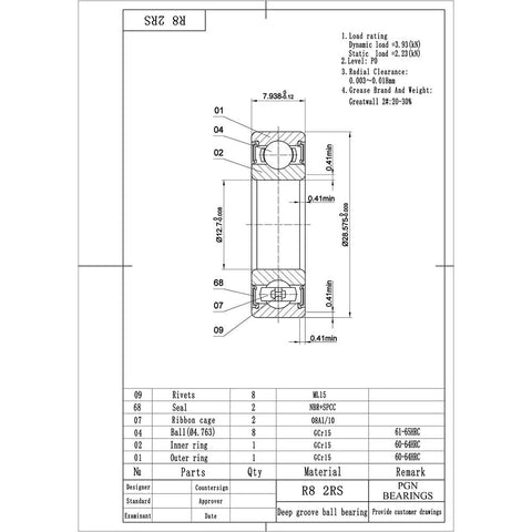 R8-2RS bearing engineering drawing; lubricated sealed chrome steel ball bearing, 1/2 x 1-1/8 x 5/16 in