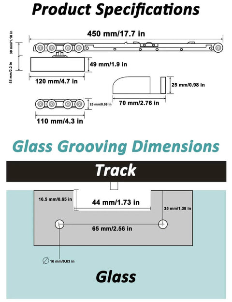 Technical specifications and dimensions of Frameless Glass Sliding Door Track Hardware Kit With Silent Rollers for various installations.