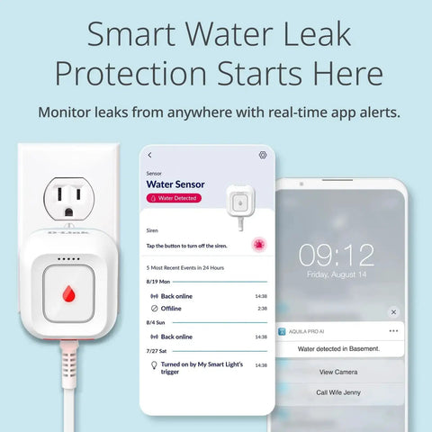 Smart WiFi Water Leak Detector Starter Kit With Two Sensors 100 dB Alarm App Alerts LED Strobe No Hub Needed Works With Google 1000ft Range Expandable System, shown with app interface and water sensor.