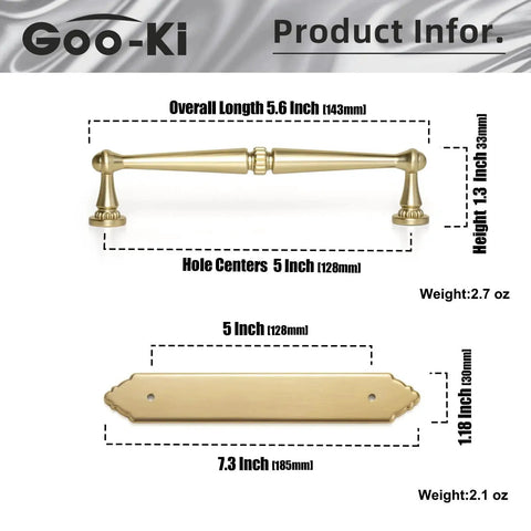 Dimensions of Champagne Bronze Cabinet Pull with backplate, detailing 5.04-inch center to center, showcasing modern bar drawer handle.