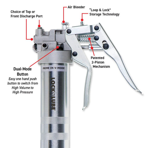 LockNLube professional dual-mode pistol grip grease gun, silver metal, with 20-inch hose and inline swivel