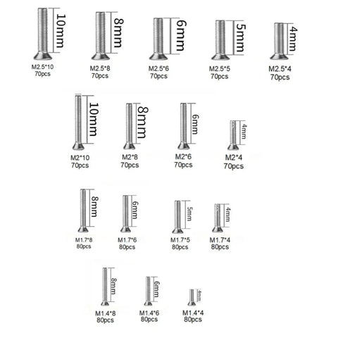 Image showcasing various sizes of countersunk Phillips screws included in the Massive 1190 Piece Micro Screw Kit with M1.4-M2.5 for electronics repair.