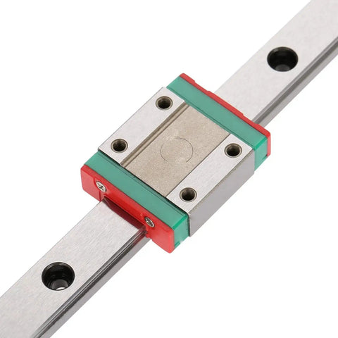 Compact 12mm Linear Rail with Four Point Ball Retainer and Built In Lubrication System, includes 100mm travel, shown in close-up view.