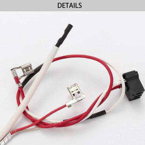 Natural gas water heater pilot assembly with thermopile; red/white wires, spade terminals, black connector (close-up).