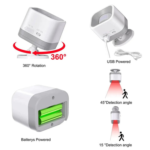 Driveway Alarm With Motion Sensor Door Chime 58 Melodies And 500 Feet Range, showcasing 360° rotation and power options.