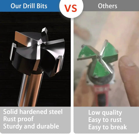 Comparison of Pro Grade Carbide Tipped Forstner Drill Bit Set for Hardwood with competitor, showing steel vs green plastic bits.