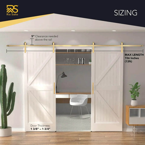 Light Gold Brushed Brass Smooth Sliding Barn Door Hardware Kit For Two Doors On A 13 Ft Adjustable Track Aluminum Rail System
