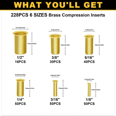 Brass compression tube inserts set, six sizes with counts: 1/2in 16PCS, 3/8in 30PCS, 5/16in 40PCS, 1/4in 50PCS, 3/16in 50PCS, 1/8in 50PCS