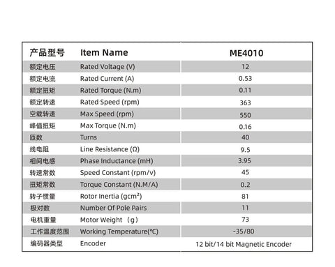 Technical specifications for Beefy High Torque Brushless Servo Motor With Separate Encoder For Industrial Automation model ME4010.
