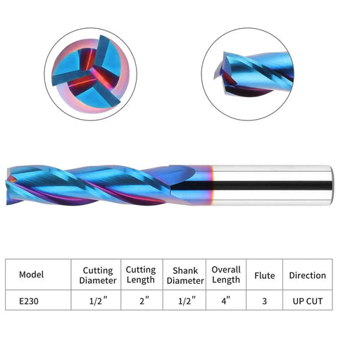Extra Long Upcut Spiral Router Bit Heavy Duty EANOSIC Pro Grade Half Inch Shank Half Inch Cutting Diameter Two Inch Cutting Length Four Inch Overall Length Solid Carbide CNC End Mill With Nano Blue Coating.
