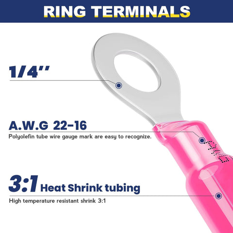 1/4 inch red insulated ring terminal for AWG 22–16 wires, tinned red copper crimp connector