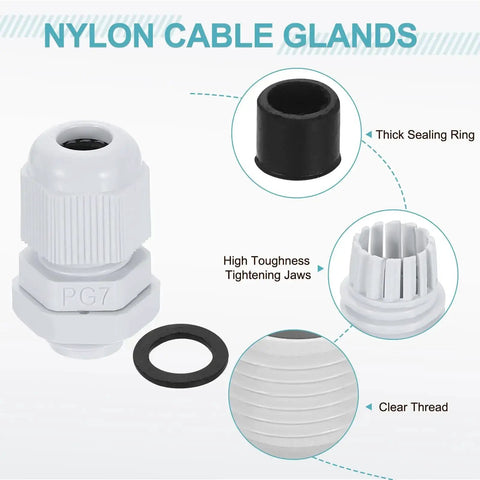PG7 Nylon Cable Glands Waterproof Cord Grip Connector Kit, showing thick sealing ring, tightening jaws, and clear thread detail, white