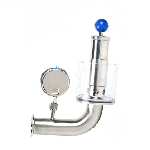 QiiMii 1.5 in sanitary tri-clamp adjustable pressure relief valve with diaphragm pressure gauge, blue knob, SS304