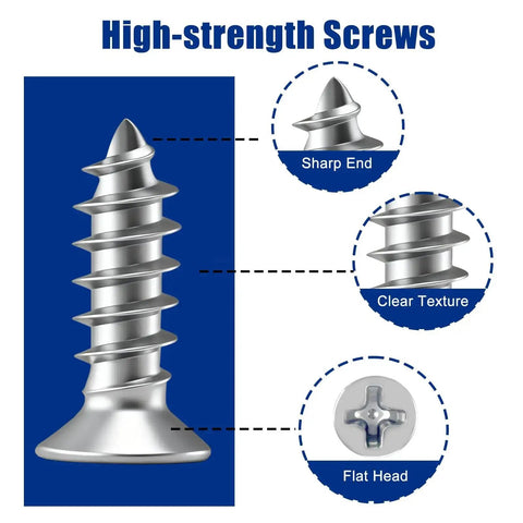 Close-up of high-strength screws with sharp end, clear texture, and flat head for Sturdy Heavy Duty 24 Piece Stainless Steel L Bracket Corner Brace Set With 48 Screws For Shelves Cabinets Wood Furniture And Chairs Easy Install Right Angle Support For DIY Projects And Home Repairs.