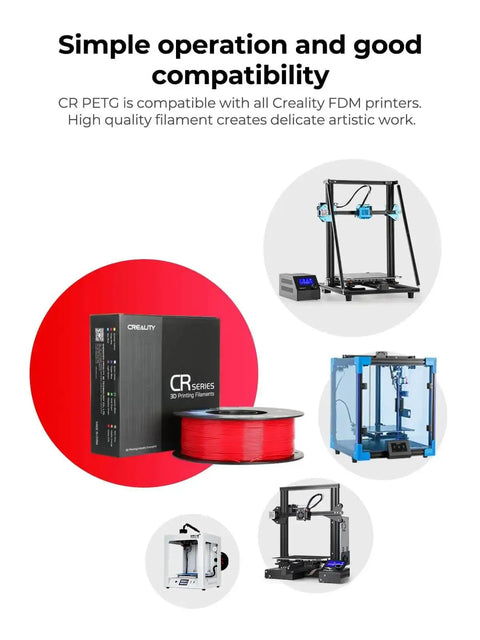 Creality CR series PETG filament box and spool with compatible 3D printers in the background