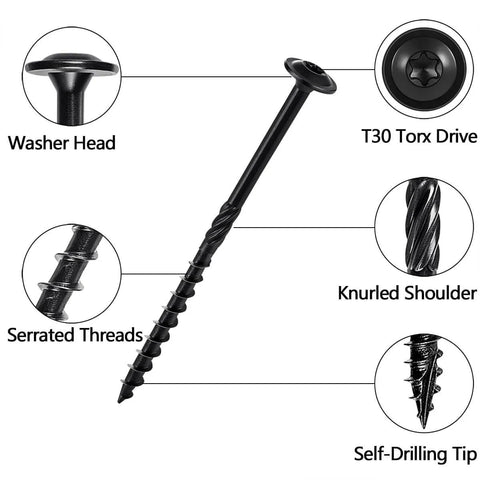 Heavy Duty Exterior Wood Screws No 14 X 4 Inch with self drilling tips, serrated threads, washer head, and T30 Torx drive.