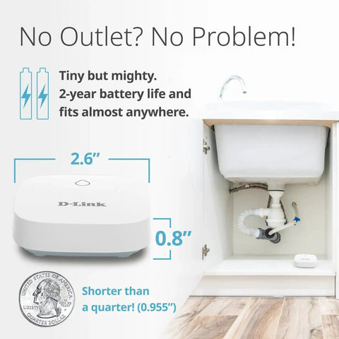 Smart WiFi Water Leak Detector Starter Kit With Two Sensors 100 dB Alarm App Alerts LED Strobe No Hub Needed Works With Google 1000ft Range Expandable System shown under sink with size comparison to a coin.