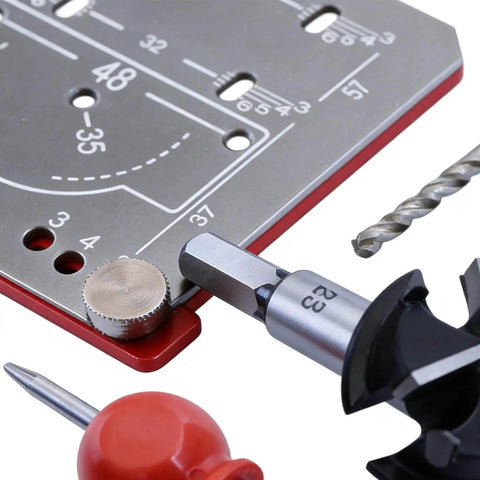Close-up of Precision Cabinet Locator Kit For Door Hinge Alignment With Pro Adjustable Template Jig and drill bits for woodworking