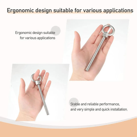 Hand holding a single Six Pack Stainless Steel Eye Bolts With Shoulder Three Eighths Inch Four Inches Heavy Duty Lifting Ring.