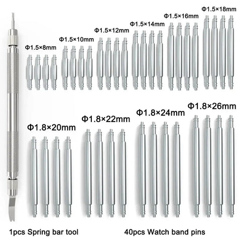 All In One Watch Band Repair Kit With Heavy Duty Stainless Steel Pins 40 Piece Set 10 Sizes For 1.5mm And 1.8mm Spring Bar Tool Included For Quick Strap Fix And Jewelry Repair displayed.