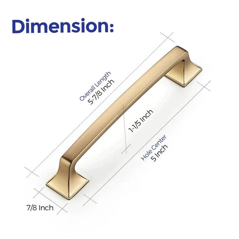 Diagram showing dimensions of 10 Pack Solid 5 Inch Square Foot Arch Cabinet Pulls in Champagne Bronze with 5 inch hole spacing.
