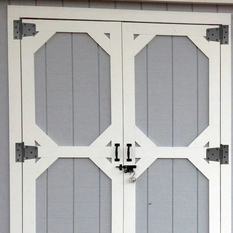 Heavy Duty Wrought Iron Door And Gate Hinges installed on white doors, showcasing barn door application, 10 Pack Black Rustproof Barn Hinges with 90 Screws.