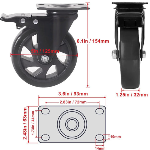 Dimensions and side view of 5 Inch Swivel Caster Wheels Set Of 4 Heavy Duty Casters With Brakes Polyurethane for carts and trolleys.