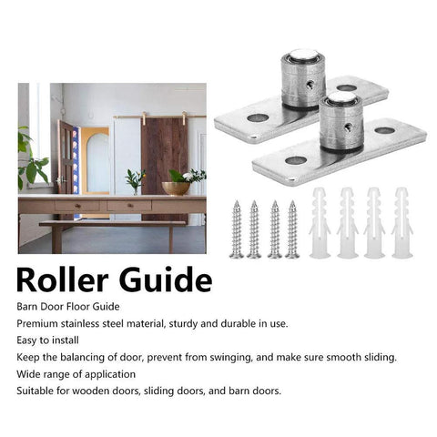 2 Pack Stainless Steel Barn Door Floor Guide Set With Flush Mount stay roller and wall mount guide, screws and anchors included.